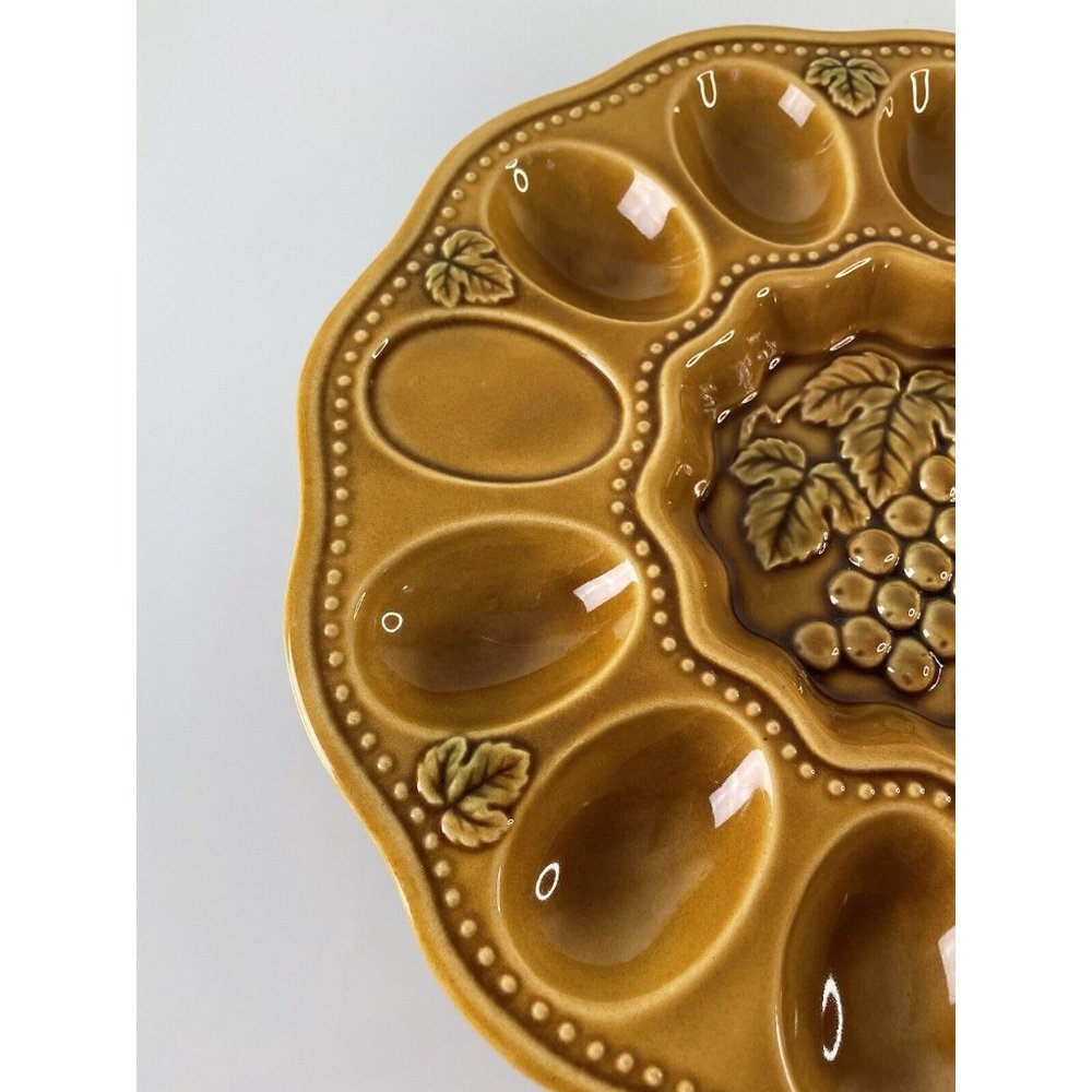 Brown Ceramic Egg Plate, Grape Leaf Center Tableware, Serving-ware, 9.5” - Picture 5 of 11